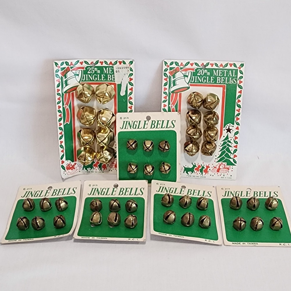 NOS Vintage Gold Metal Jingle Bells Lot 7 Cards 20-25mm Christmas Craft Supplies
